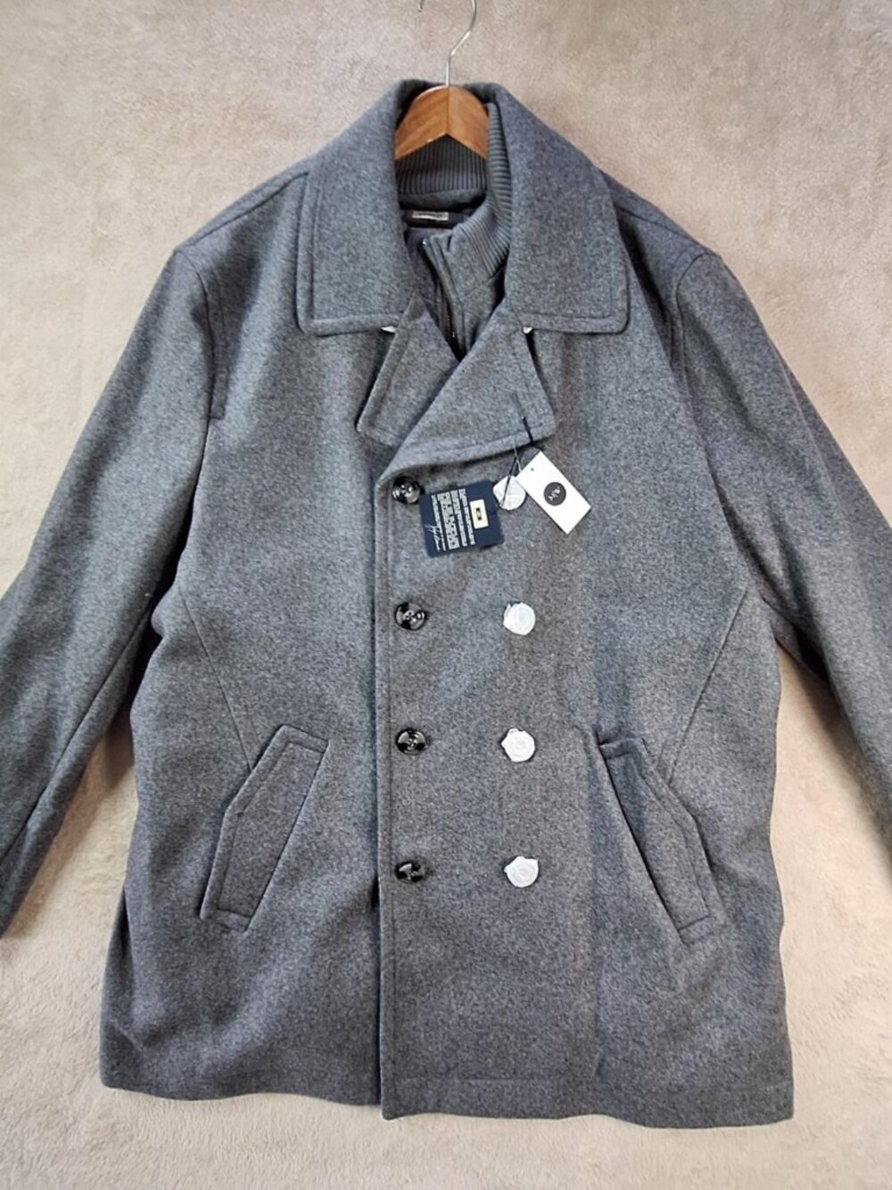 Joseph Abboud Peacoat Mens XXL Gray Wool Blend Double Breasted Zip Bib Lined